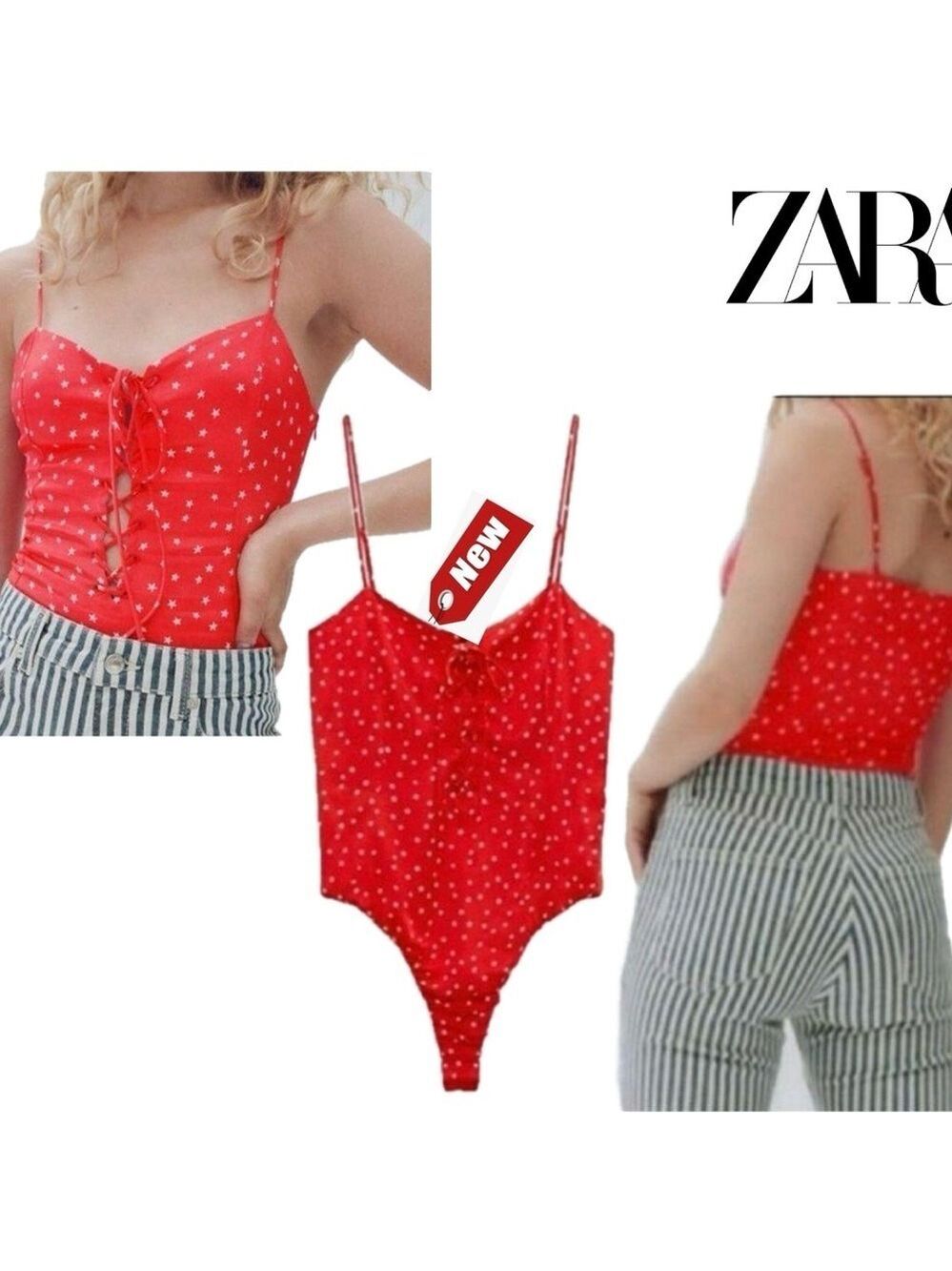 Zara Red Lace Up Satin Effect Star Print Bodysuit Side Zip S NWT spaghetti strap